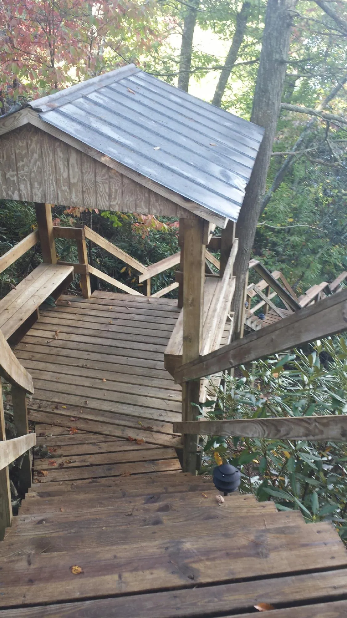 Metal roofed shelter over wooden steps on a wooded walkway — Skylight Repair & Installation work by our crew in Big Lake